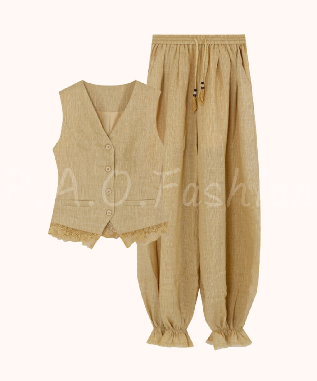 Bohemian Lace Trim Vest & Lantern Pants Set[Available Now]