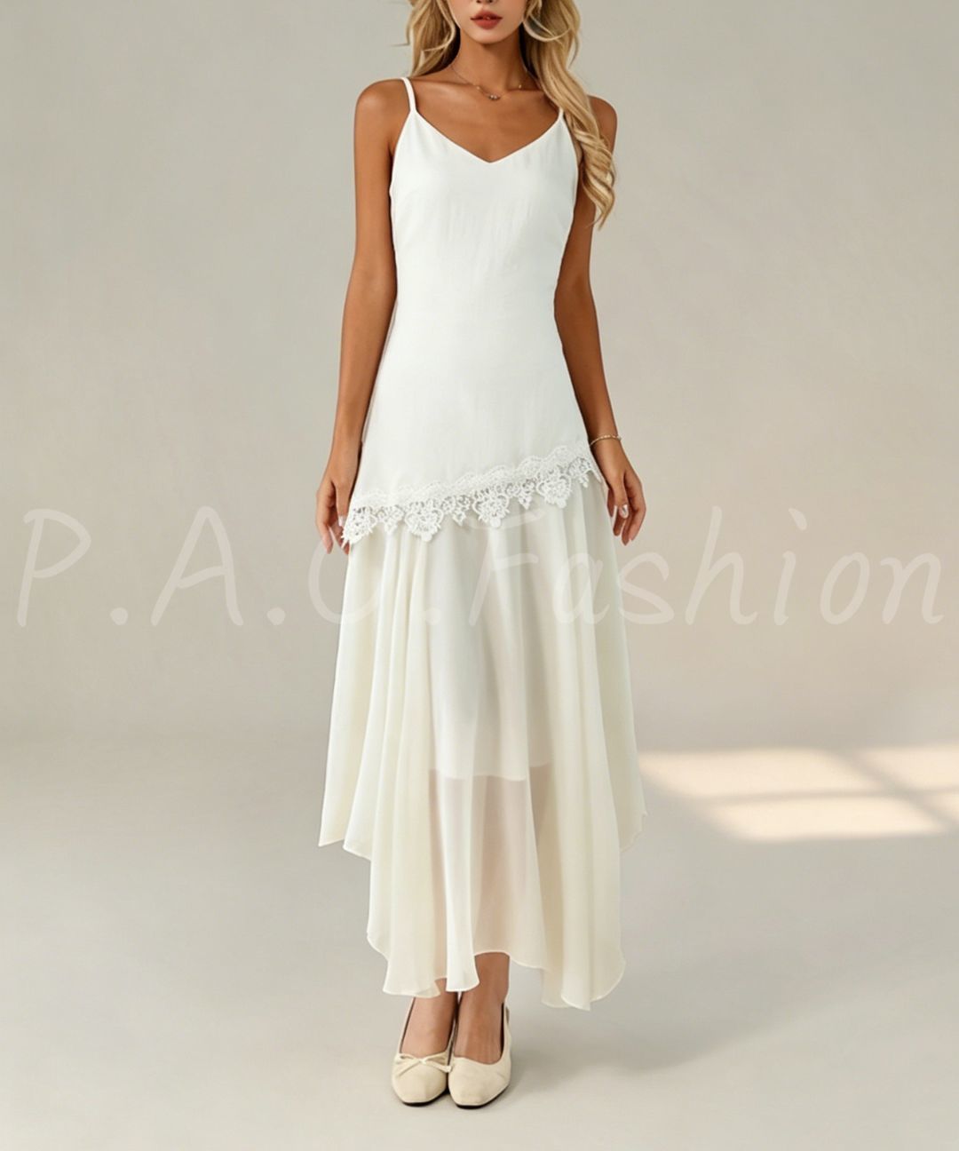 Lace-Trim Asymmetrical Maxi Dress