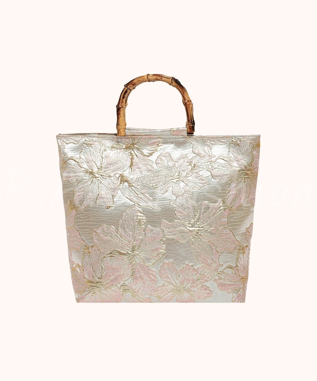 Floral Jacquard Bamboo Handle Tote Bag