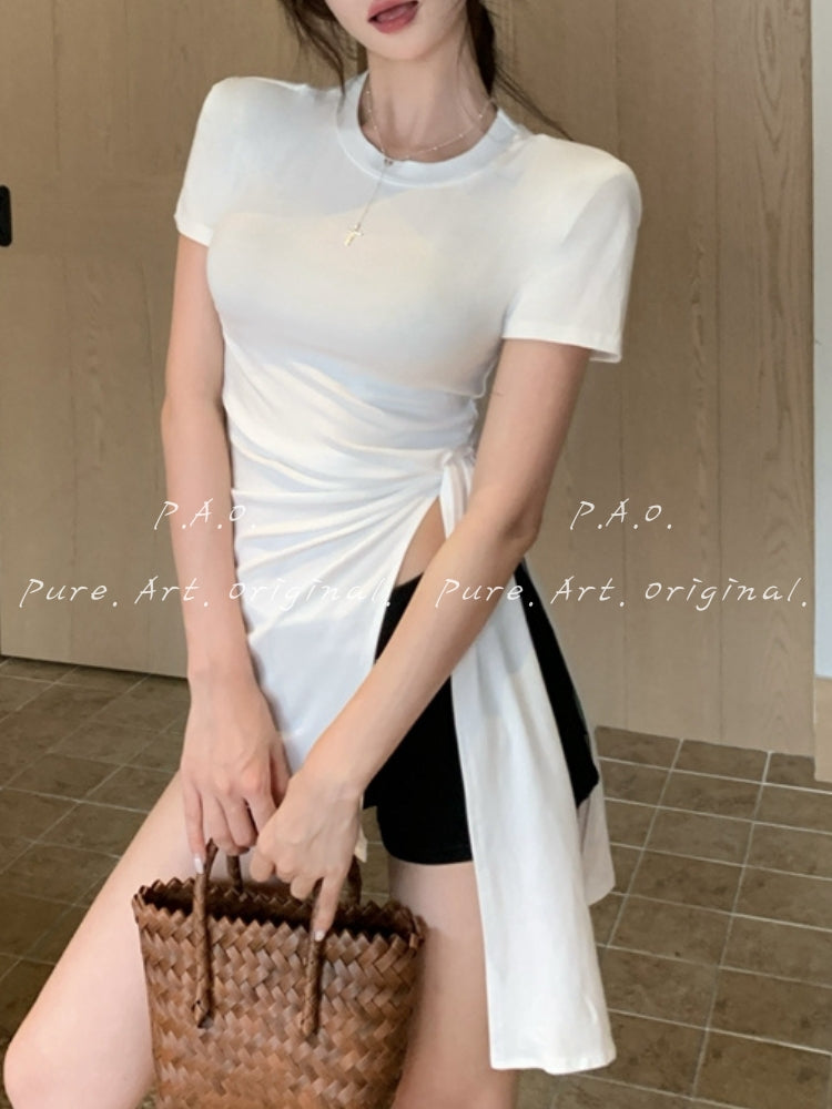 Side Ruched Tie-Up Crop Tee