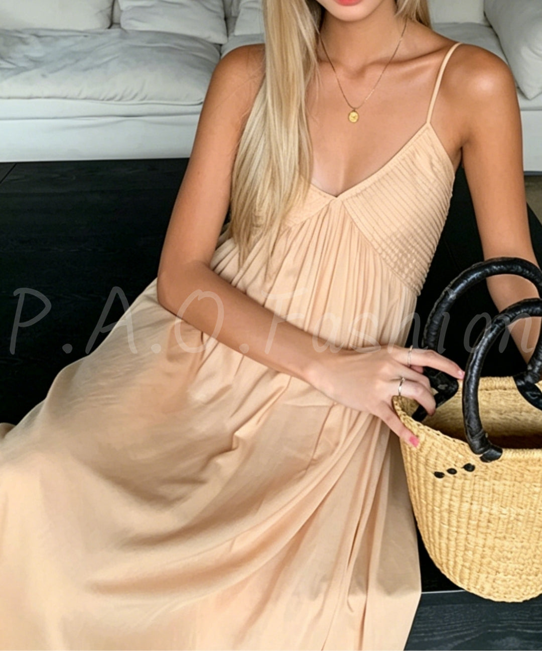 Linen Blend V-Neck Slip Maxi Dress[Available Now]