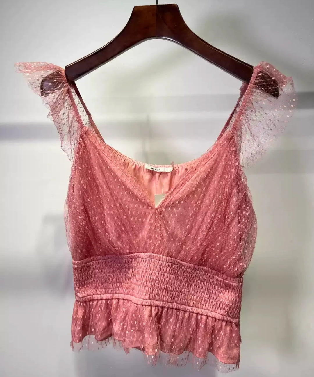 Polka Dot Mesh Ruffle Camisole Crop Top