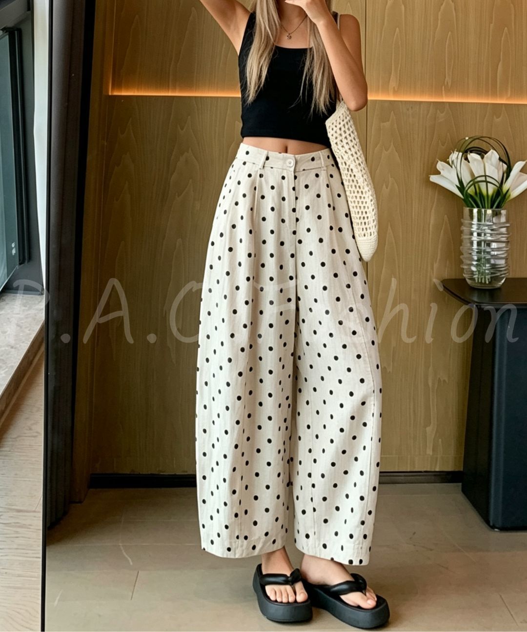 Vintage Polka Dot Linen Blend Cropped Wide-Leg Pants