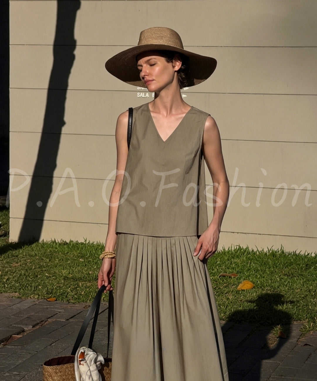 V-Neck Tank & Pleated Midi Skirt Set[Available Now]
