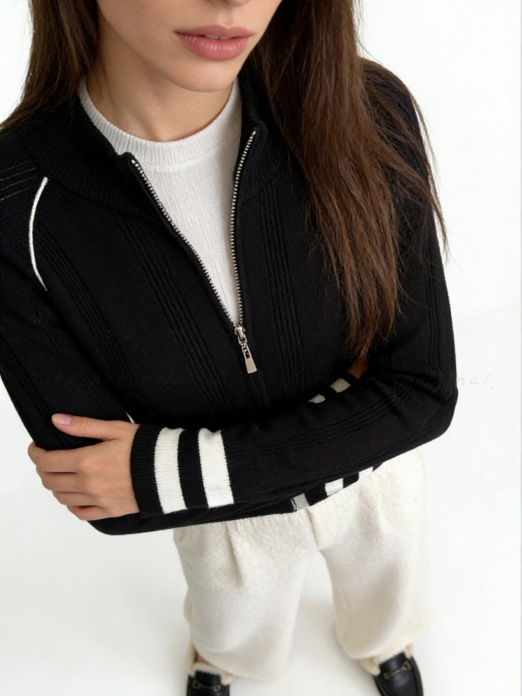 Vintage Contrast-Trim Zip Knit Cardigan