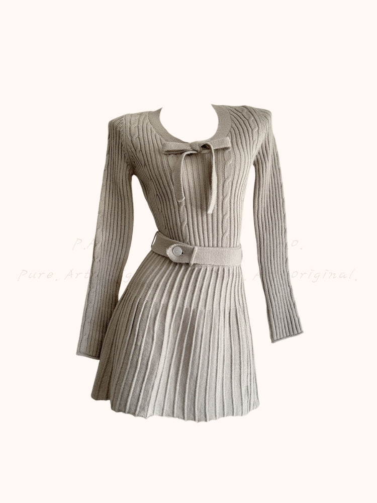 Autumn Grace – Bow Knit & Pleated Skirt Set