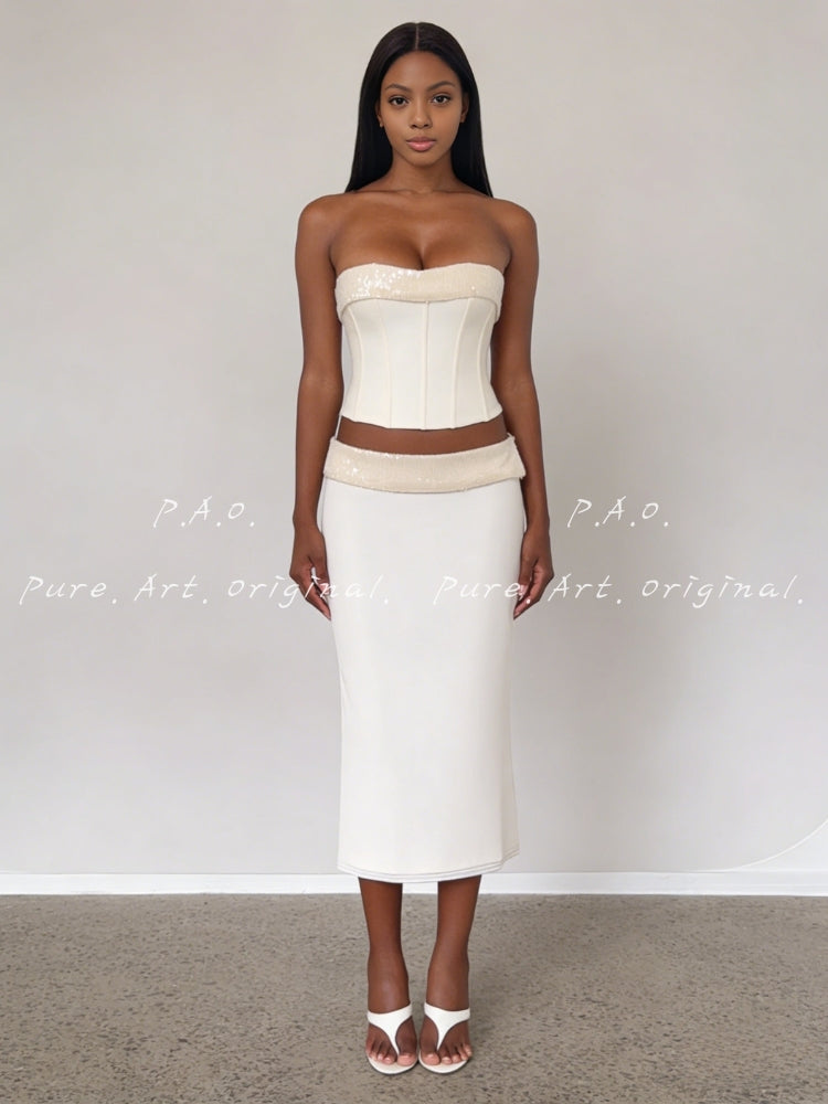 SEQUIN STRAPLESS TOP & HIP SKIRT SET