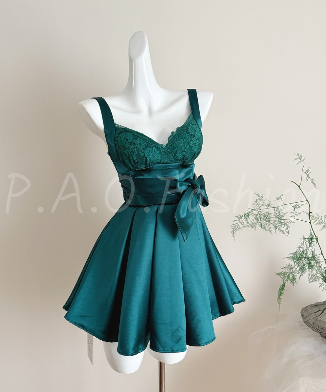 Satin Lace-Panel Bow-Waist A-Line Mini Dress[Available Now]
