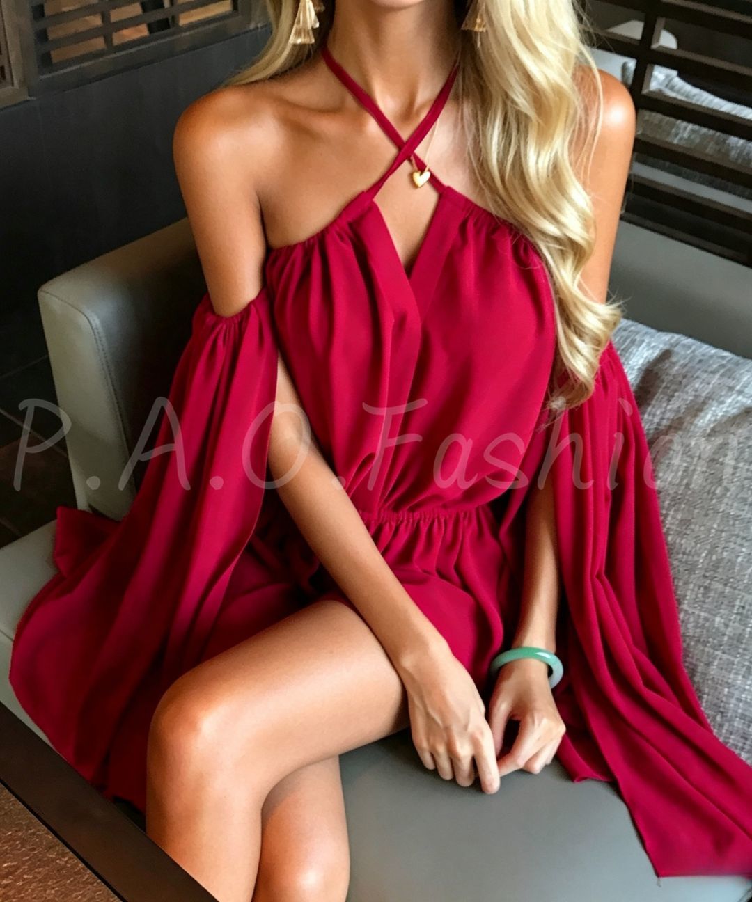 Burgundy Halter Off-Shoulder Chiffon Mini Dress