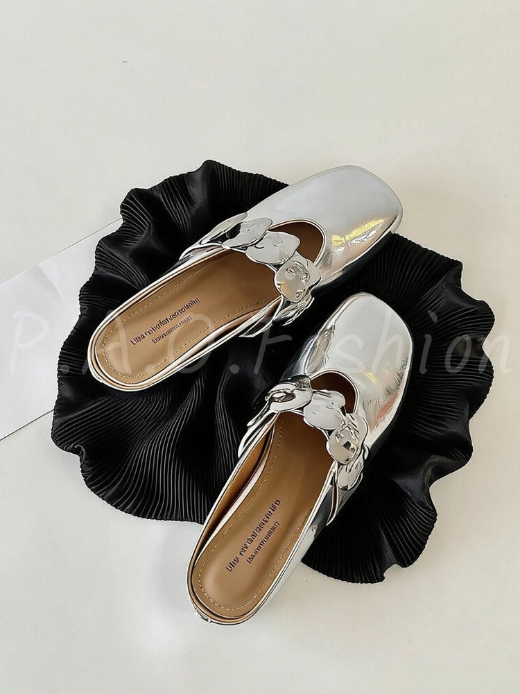 French Vintage Square-Toe Metal Accent Mule Flats