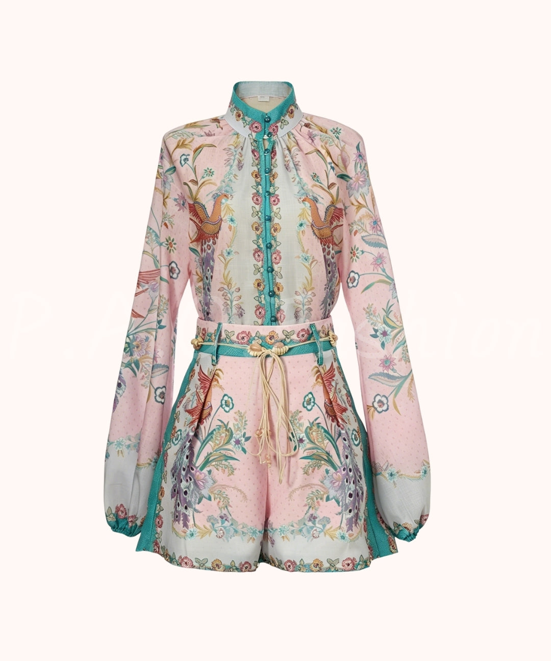 Vintage Floral High Neck Shirt & Shorts Set[Available Now]