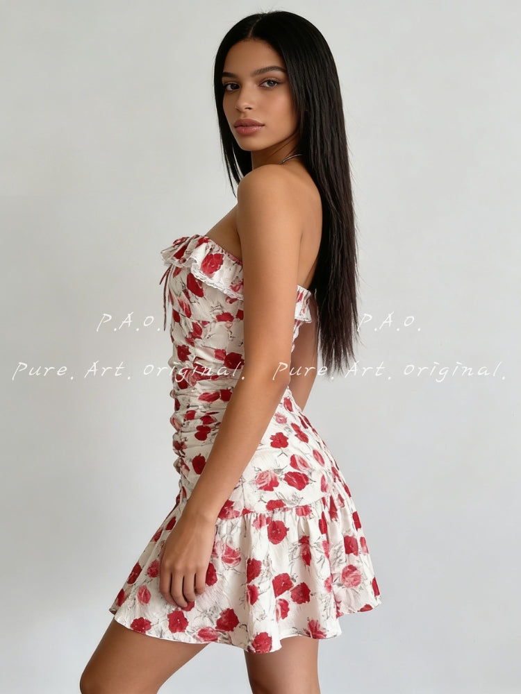 ROSE PRINT OFF-SHOULDER MINI DRESS