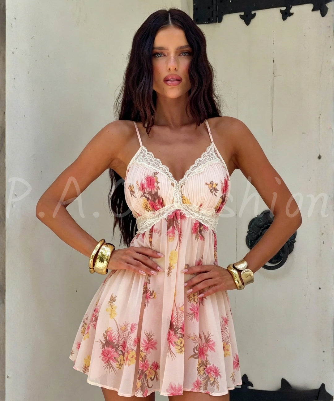 Floral Lace Trim Satin Cami Mini Dress[Available Now]