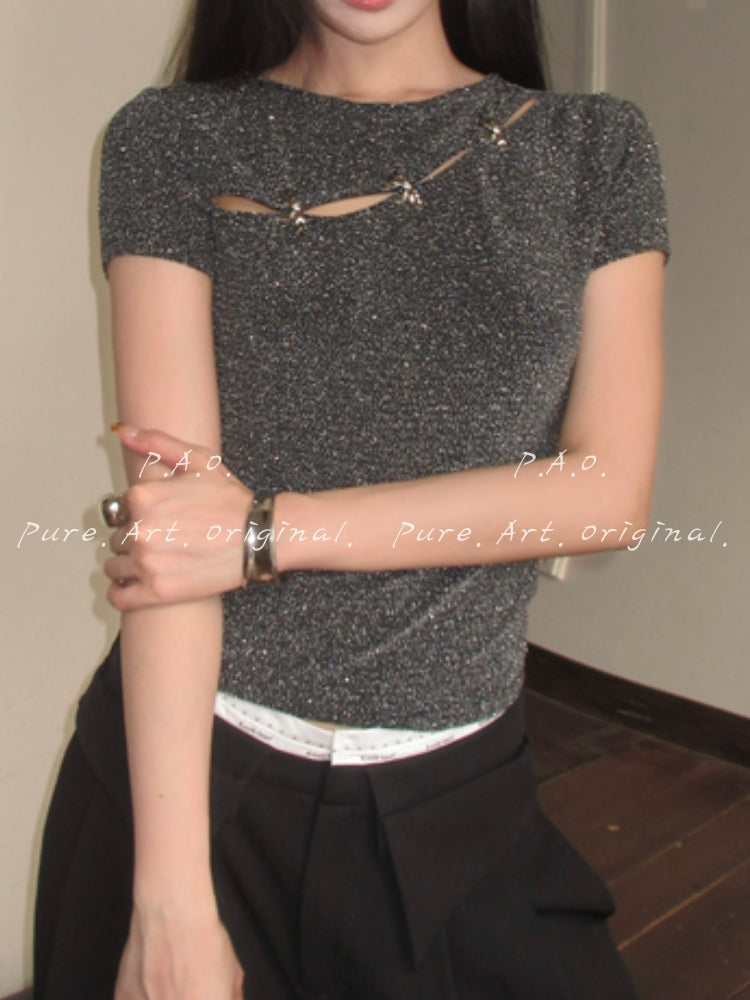 Rhinestone Cut-Out Bow Tee