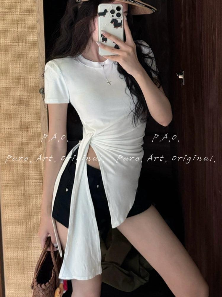 Side Ruched Tie-Up Crop Tee