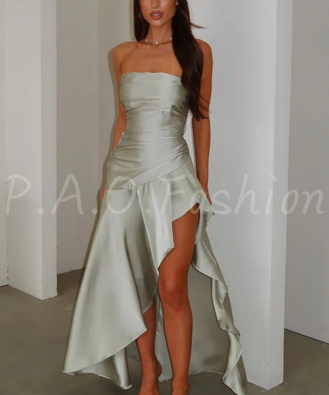 Satin Strapless Asymmetric Slit Dress[Available Now]