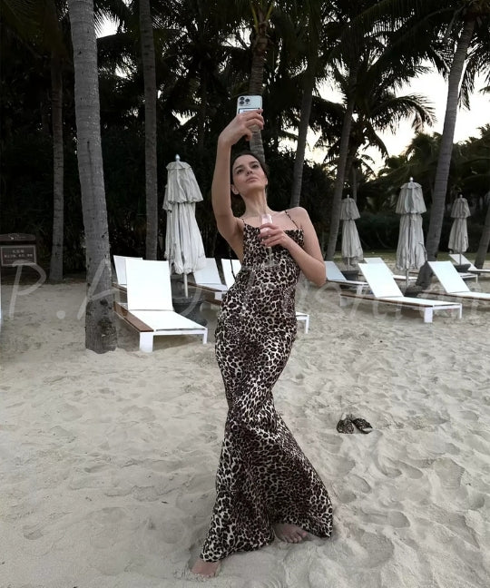 Leopard Print Backless Mermaid Maxi Dress