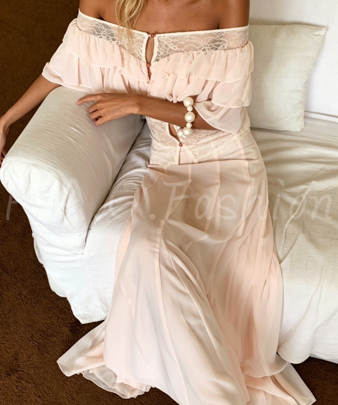 Off-Shoulder Ruffle Lace Top & Flowing Maxi Skirt Two-Piece Set