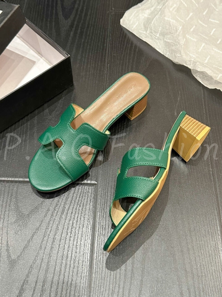 Classic H-Strap Square-Toe Block Heel Slide Sandals