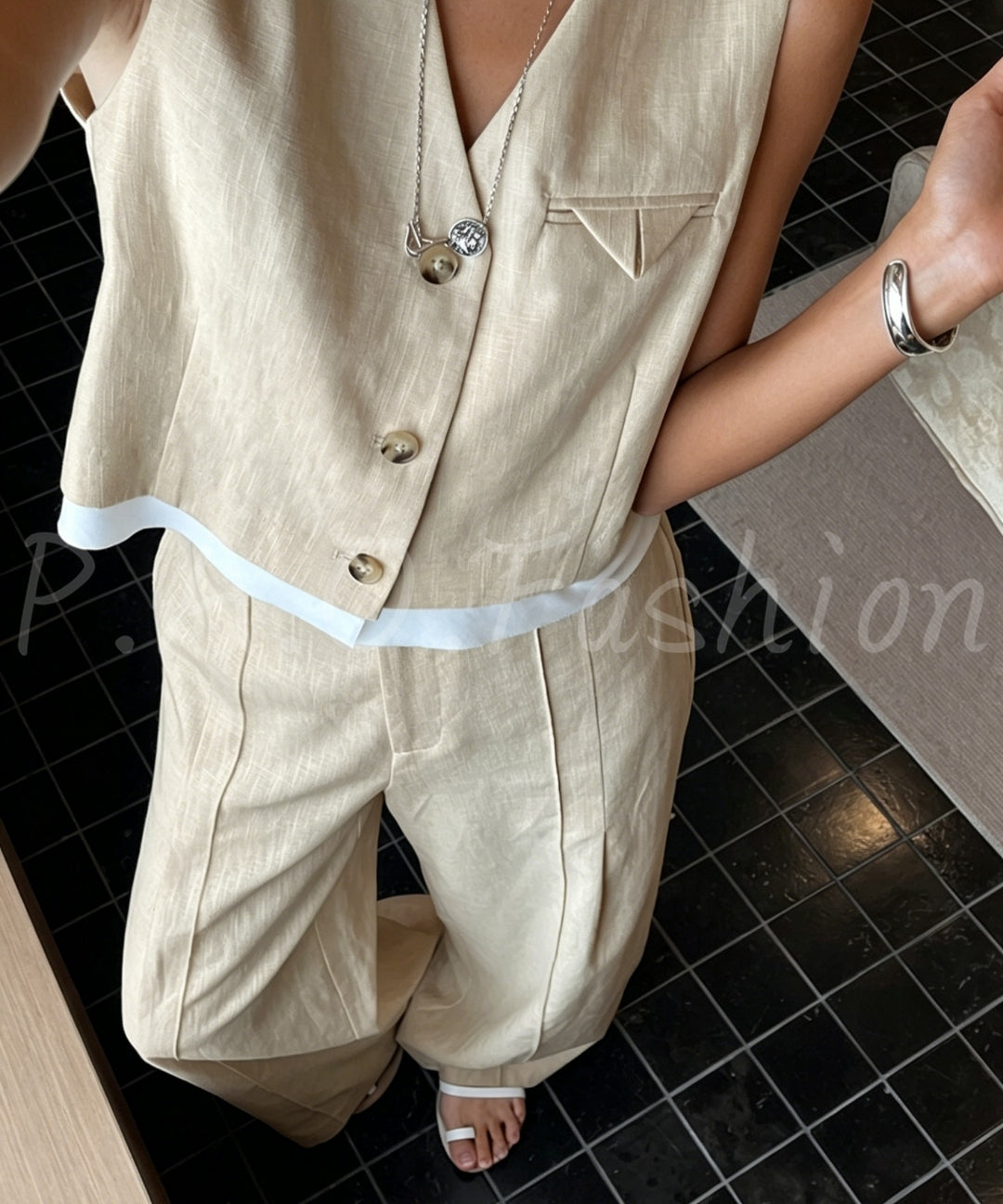 Ramie-Cotton Blend Vest & Wide-Leg Pants Set[Available Now]