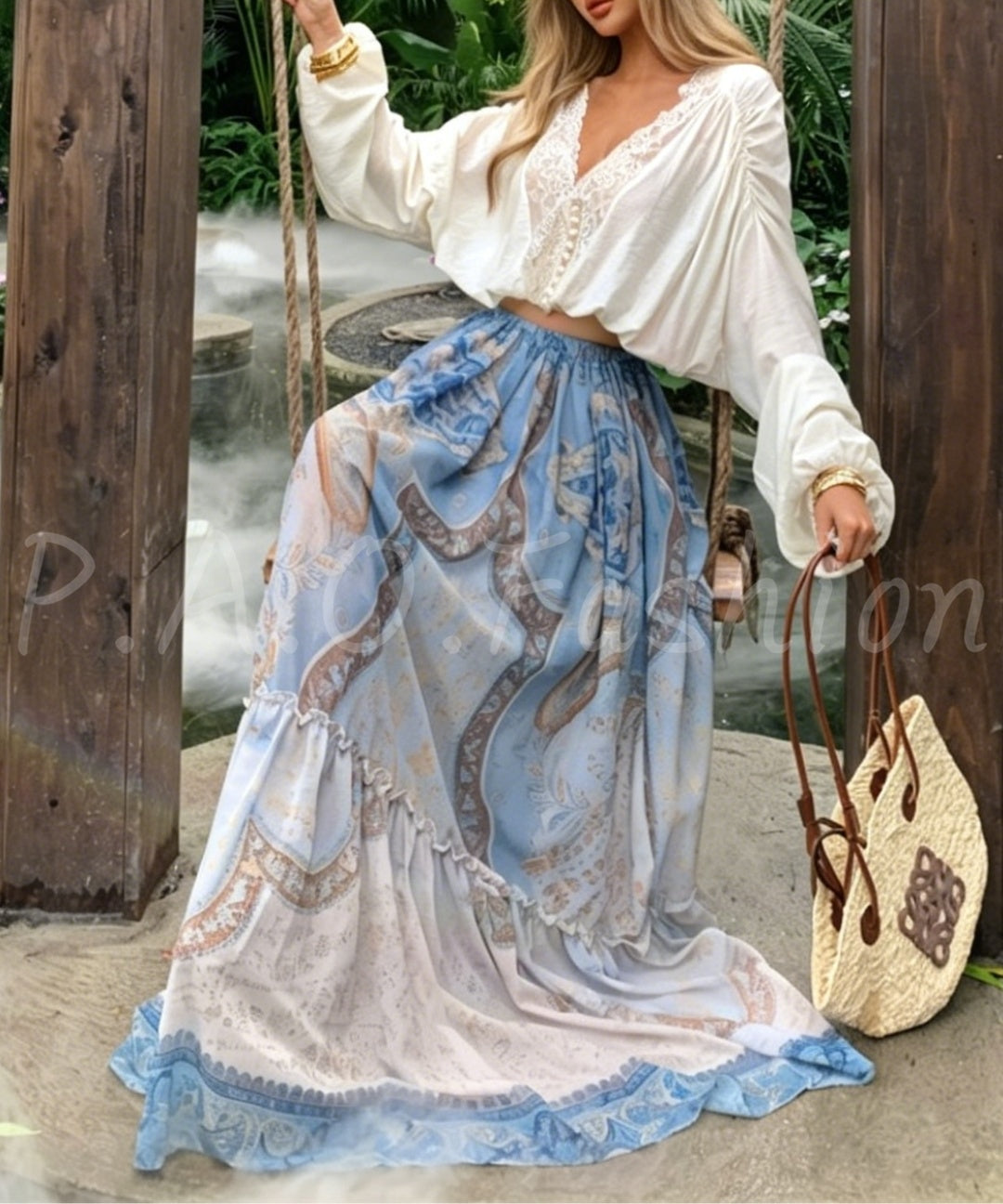 Bohemian Lace Print Two-Piece Skirt Set