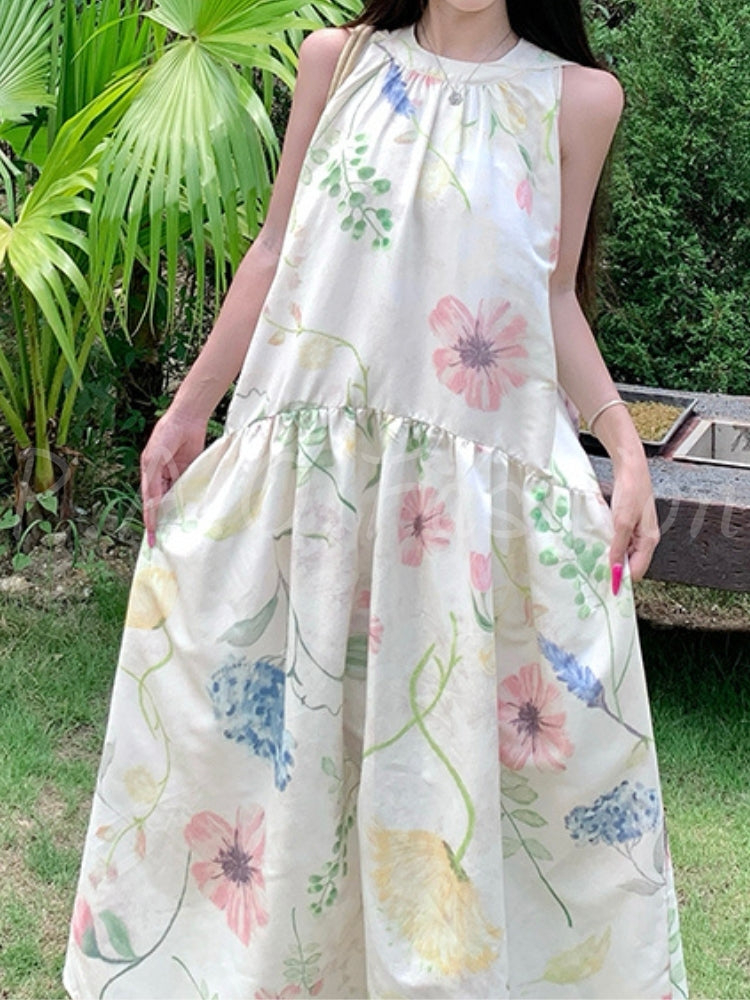 Boho Print Tassel Halter Flowy Maxi Dress