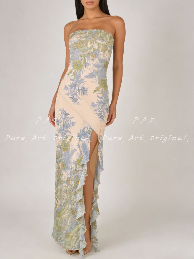 Vintage Floral Strapless Slit Maxi Dress