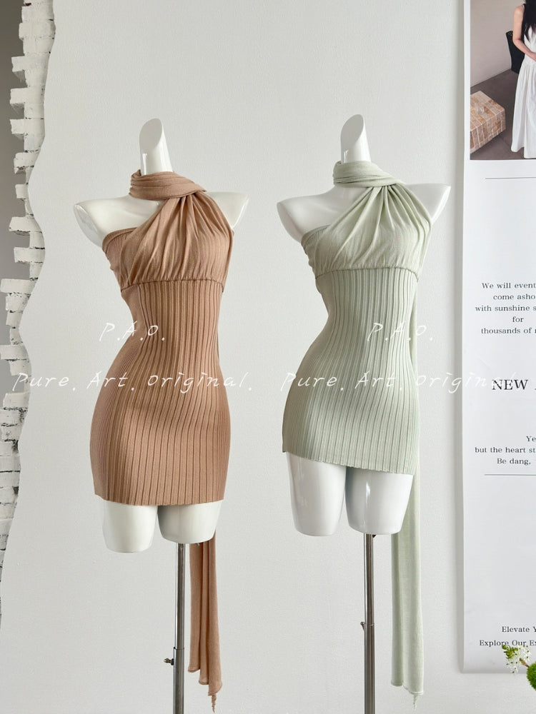 Asymmetrical Halter Tie Ribbed Bodycon Mini Dress