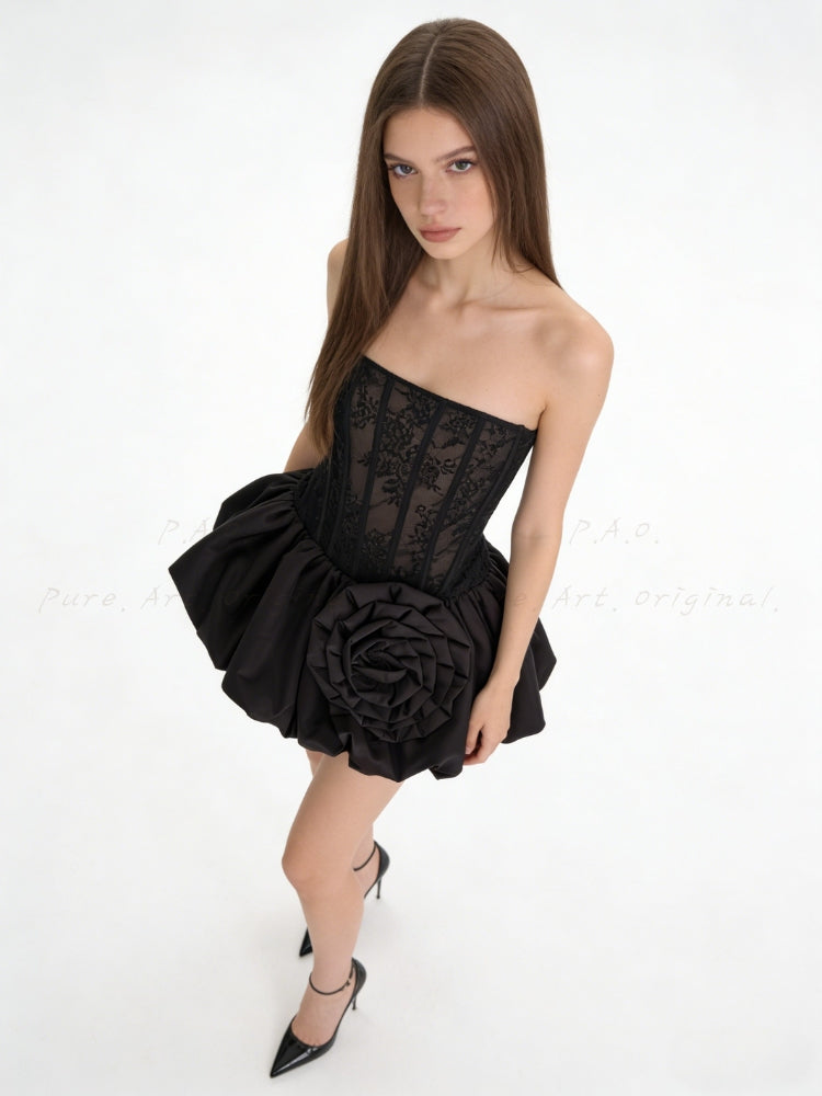 Lace Corset Strapless Satin Puff Gown