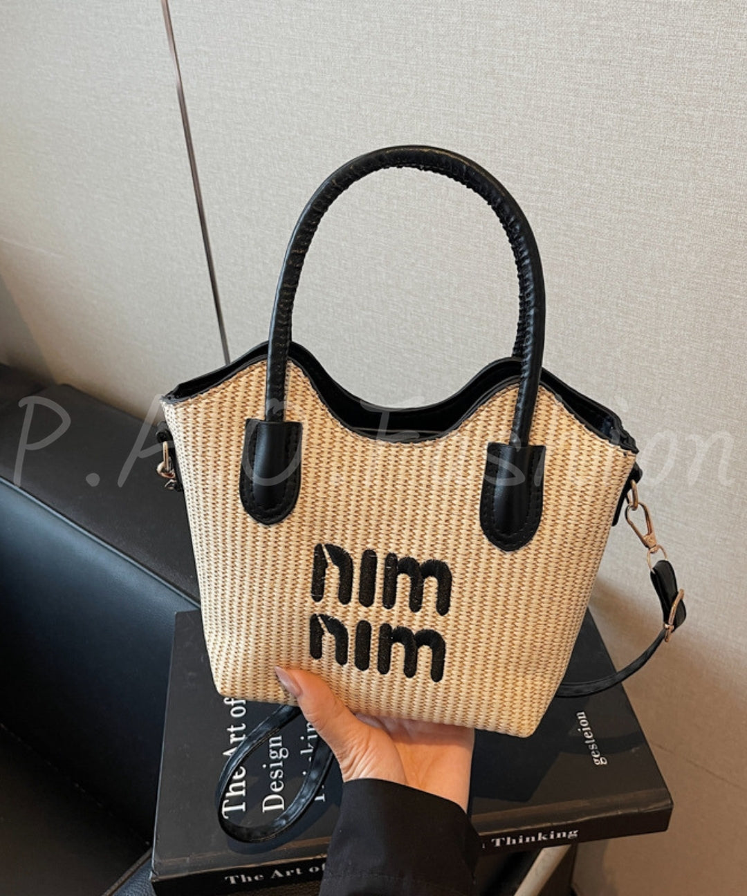 Woven Straw Contrast Crossbody Tote Bag