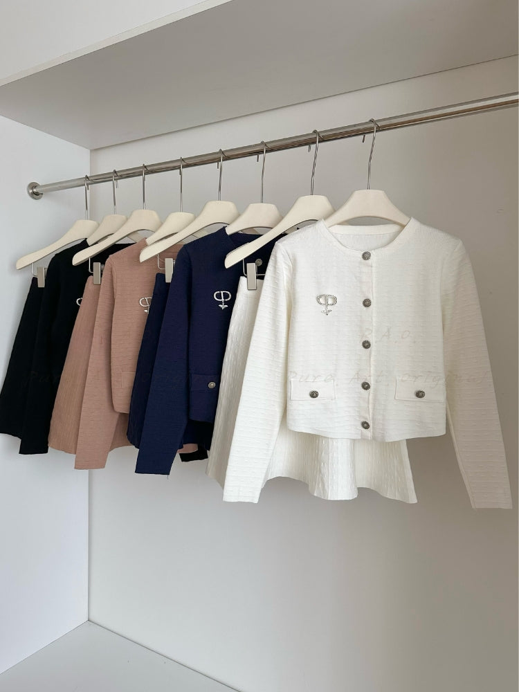 Rhinestone Brooch Jacquard Knit Cardigan & Waist-Defining Mini Skirt Two-Piece Set