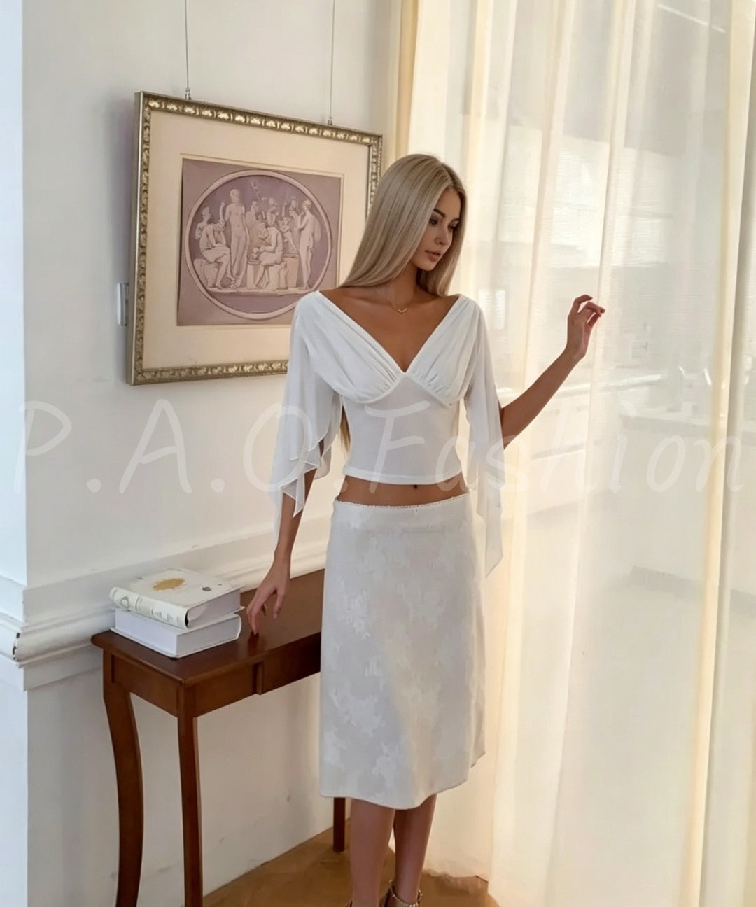Embellished V-Neck Flutter Sleeve Top & Textured Lace Midi Skirt Set
