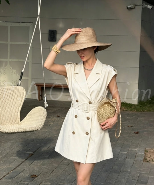 Sleeveless Double-Breasted Blazer Dress with Belt