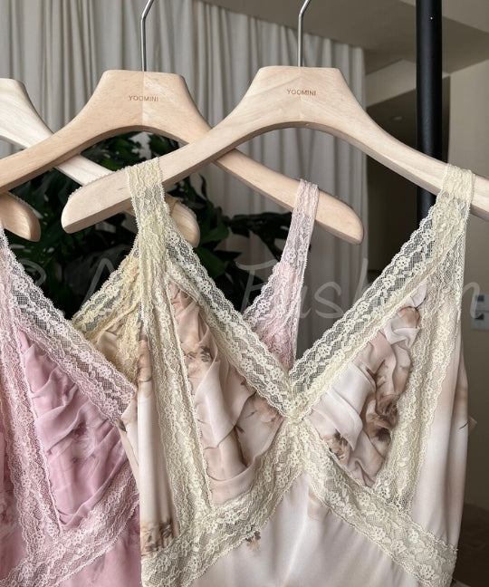 Lace Trim Floral V-Neck Slip Maxi Dress