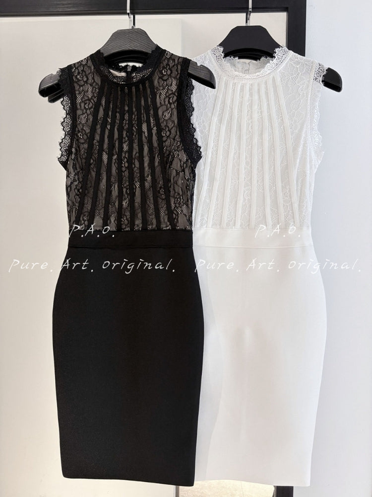 Lace High-Neck Sculpting Bandage Midi Dress