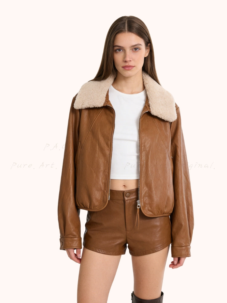 Notched Collar Leather-Style Jacket