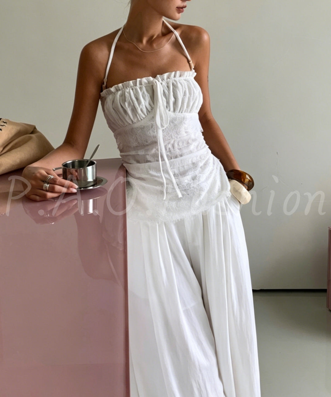 Lace Halter Ruched Tank Top[Available Now]