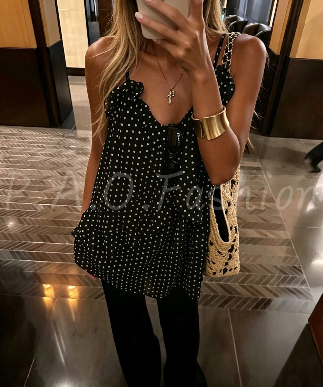 French Polka Dot Ruffle Cami & Wide-Leg Pants Set