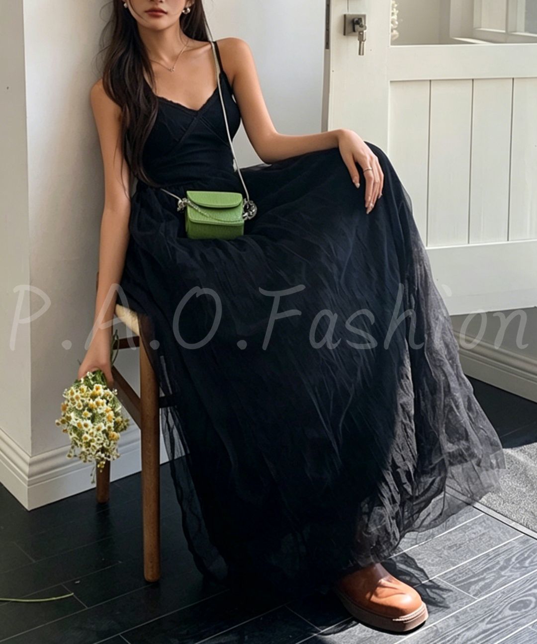 Ribbed Tulle Maxi Dress