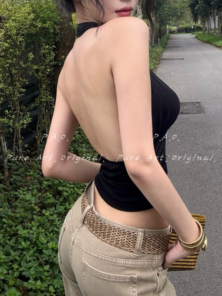Halter Deep V Ruched Mesh Backless Top