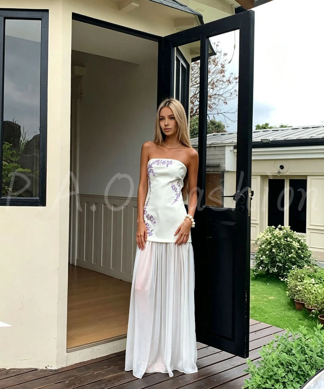 Wisteria Embroidered Strapless Pleated Chiffon Maxi Dress