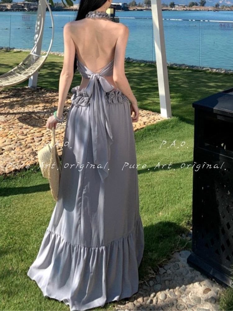 ÉLAN HALTER CUT-OUT RUFFLE TWO-PIECE MAXI SET