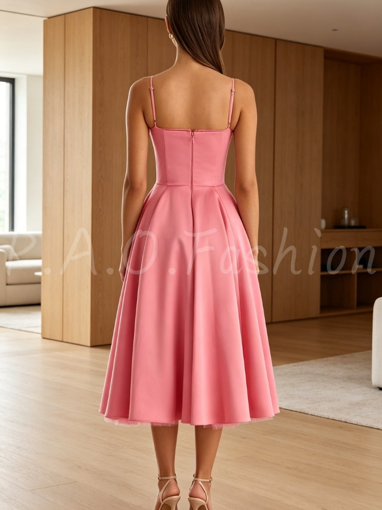 Halter Lace Trim Corset Tulle Midi Dress