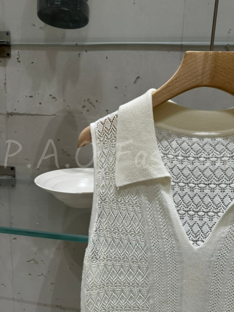 Hollow-Knit Lyocell Sleeveless Polo Top