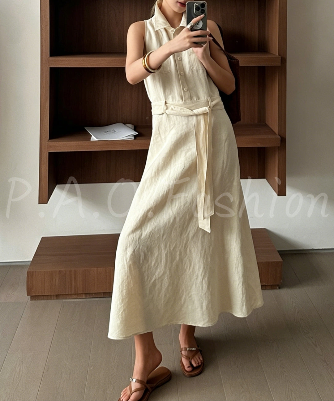 Linen Blend Sleeveless Shirt Dress