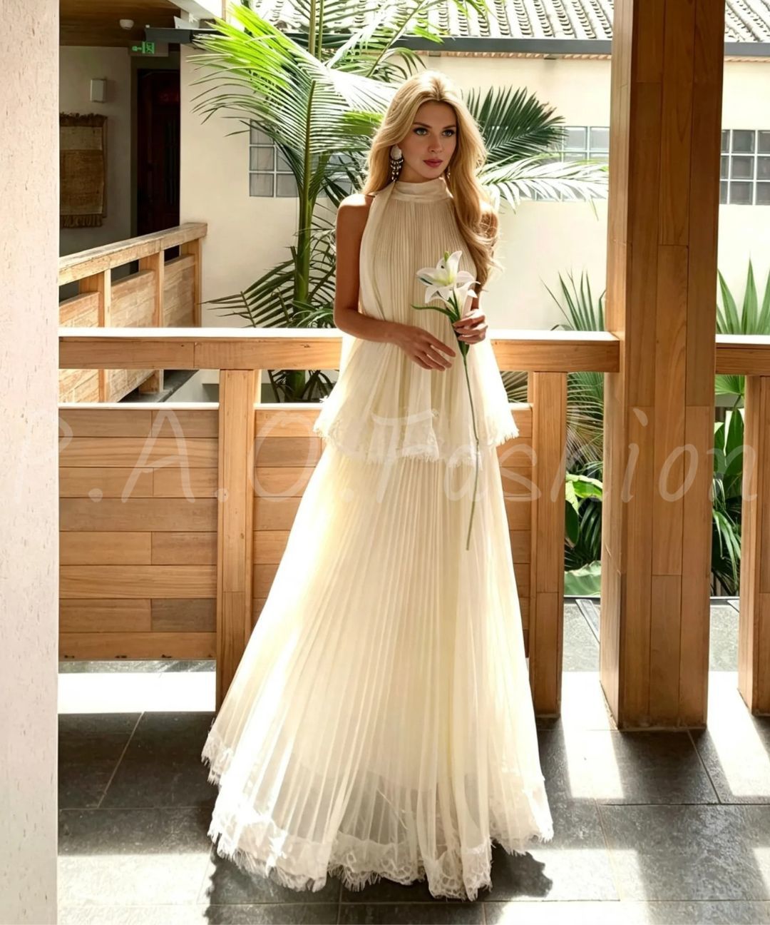 Halter Pleated Lace Maxi Skirt Two-Piece Set