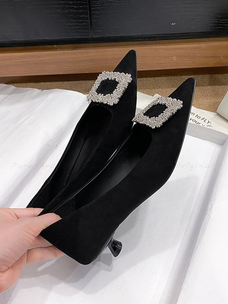 French-Style Pointed-Toe Suede Mid-Heel Shoes with Rhinestone Detail