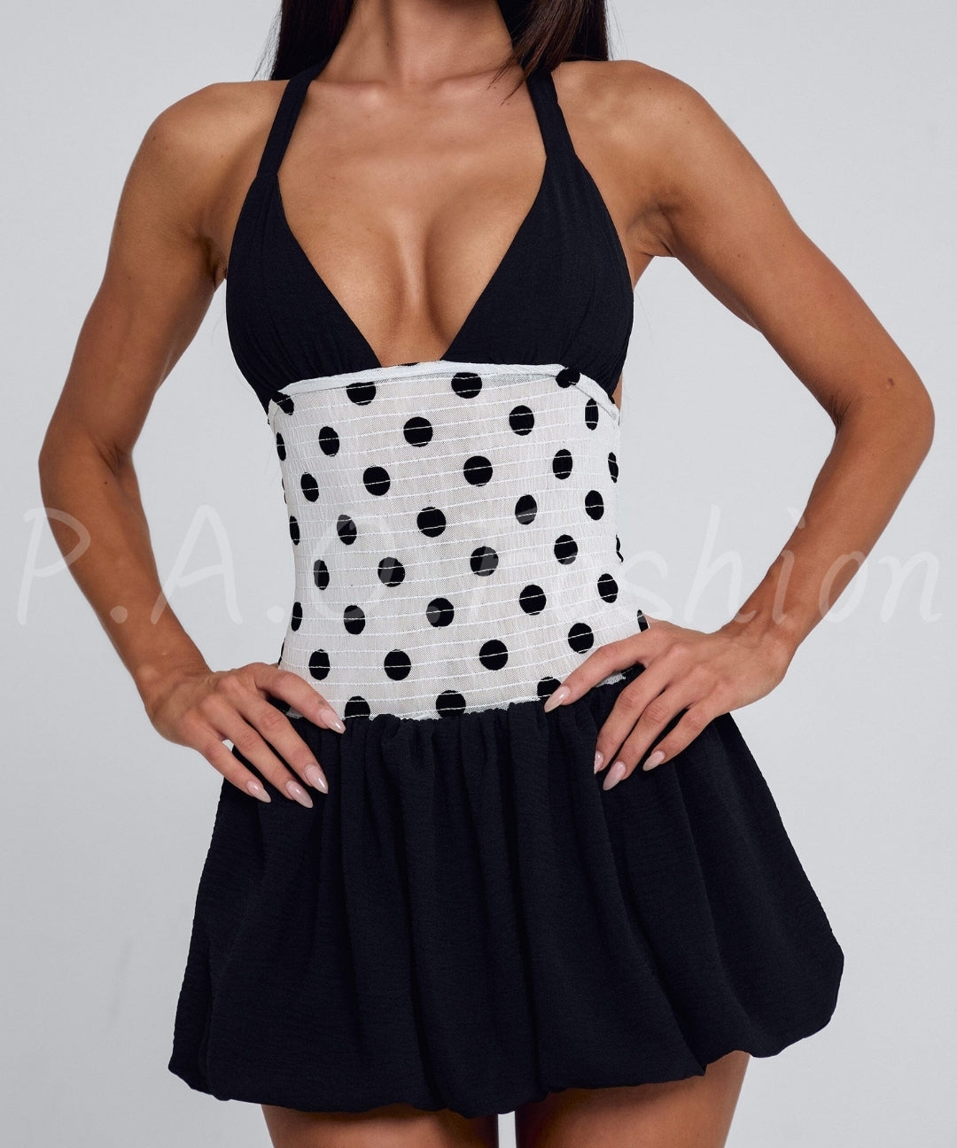 Polka Dot Halter Puff Mini Dress[Available Now]