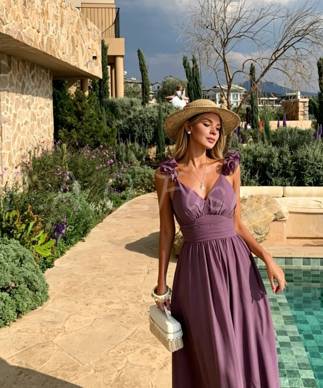 Ruffle Shoulder Open-Back Chiffon Maxi Dress
