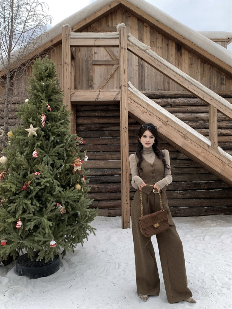 Old Money–Inspired Single-Breasted Vest & Wide-Leg Trousers 3-Piece Set